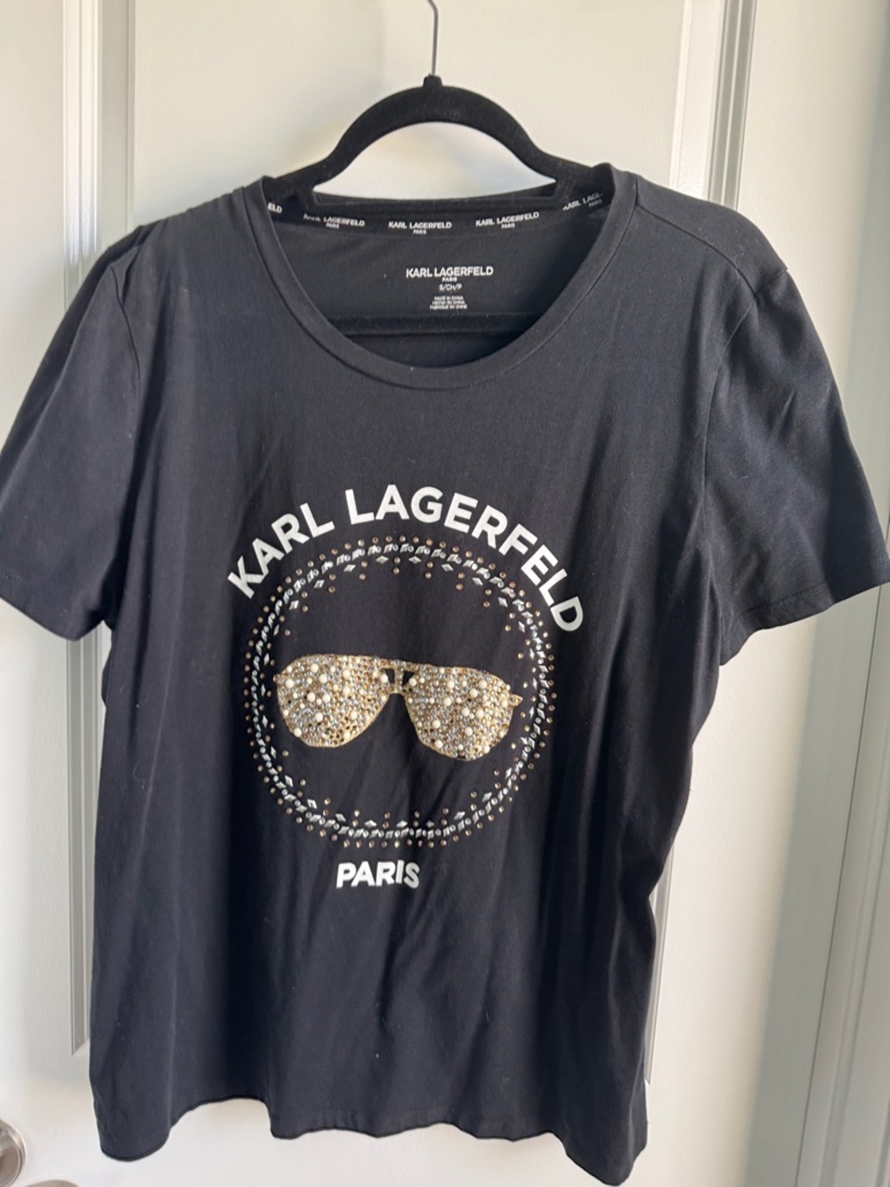 Karl Lagerfeld Black Tee with Gold Crystal Sunglasses Emblem